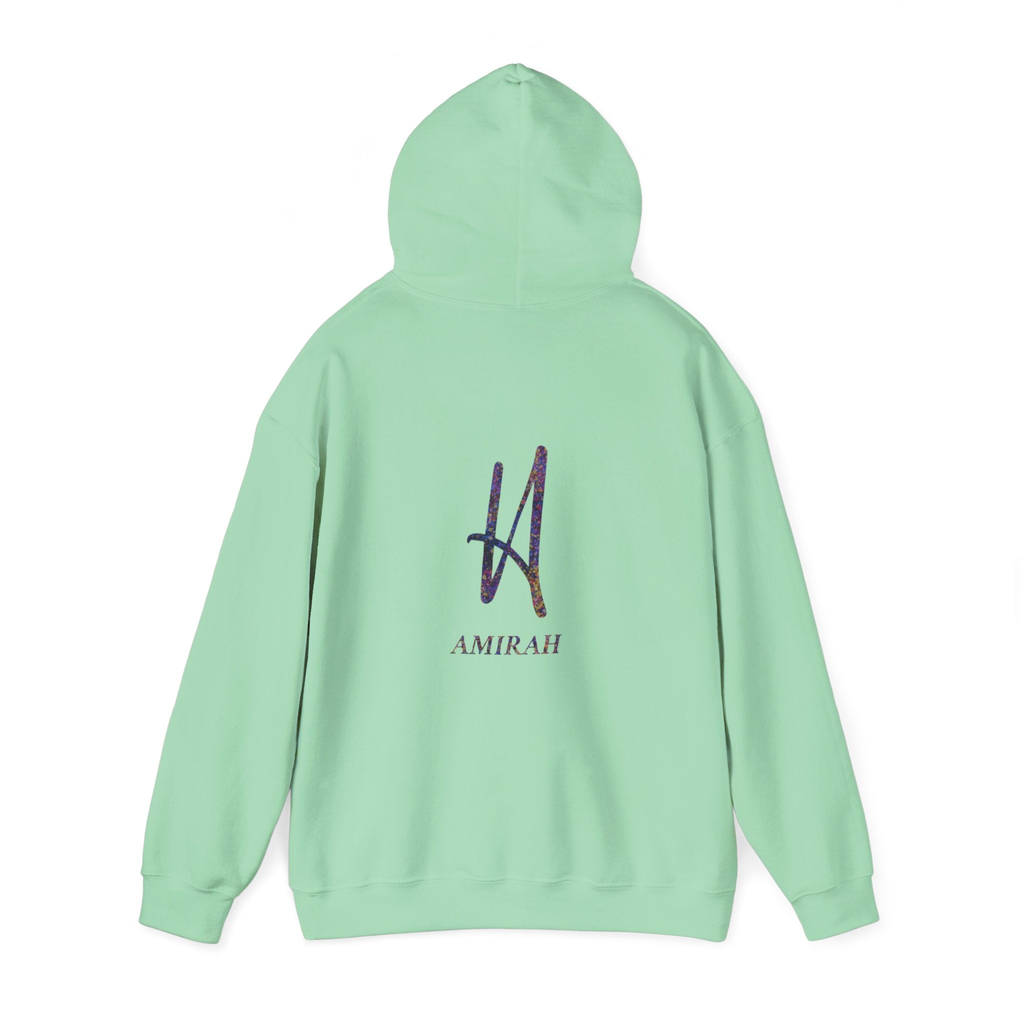 AMIRAH Brand Splatter Logo Hoodie Luxury Unique, Heavy Blend Sweatshirt